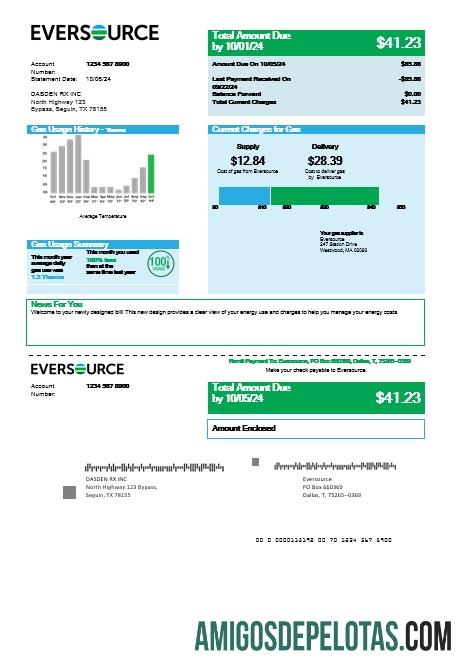 imprimível Modelo de fatura de serviços públicos de gás Eversource dos EUA em formatos Word e PDF, bom para comprovação de endereço